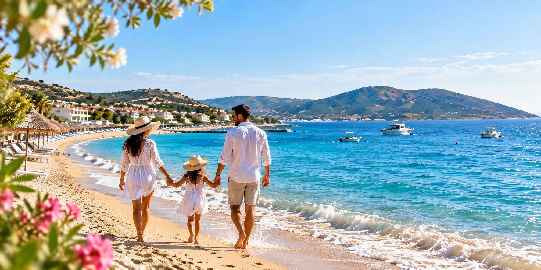 Avşa sahilinde yürüyen aile